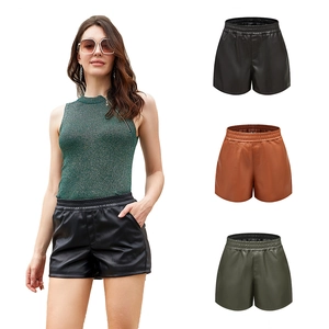 Women High Waist PU Leather Shorts Elastic Waistband Casual Faux Leather Wide Leg Shorts With Pockets Fashion Bottoms