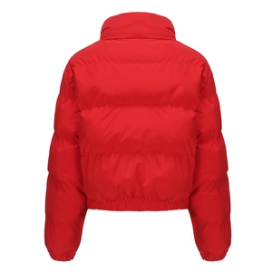 Rear view of vibrant red short padded puffer jacket with high collar and windproof cuffs