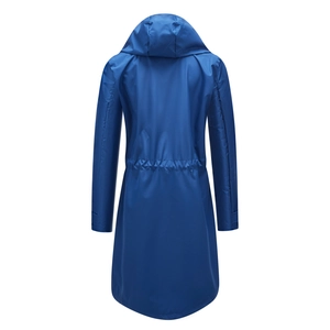 Back view of a long navy waterproof windbreaker with adjustable drawstring waist and hood
