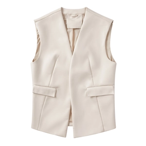 Gilet sans manches en similicuir crème pour femme avec col en V et poches à rabat