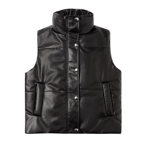Women's black PU leather quilted vest with stand collar and silver metal buttons