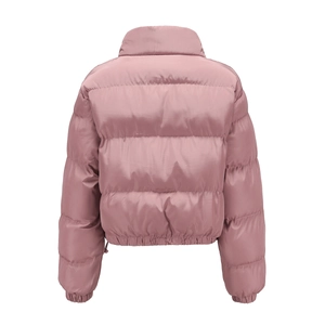 Rear view of women's quilted short puffer jacket with high stand collar in lotus pink