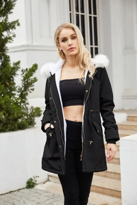Detail of hooded parka with plush white faux fur collar and warm fleece lining
