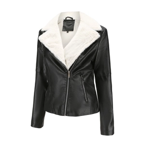 Détail du blouson motard noir avec col en fourrure blanche et fermeture à glissière