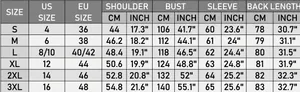 Women's rain jacket size guide showing S-3XL measurements in CM and INCH units