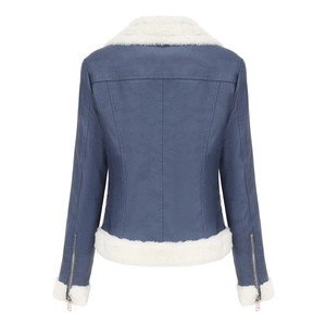 Vue arrière de veste en cuir bleu marine avec doublure peluche blanche et zips