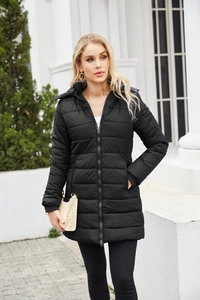 Waterproof black quilted parka for women featuring a detachable hood and zip closure