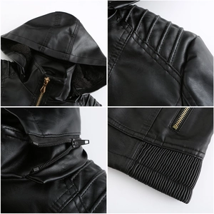 Detail of hooded leather jacket featuring warm fleece lining and removable hood structure