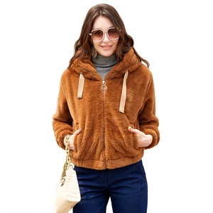 Women Casual Faux Fur Hooded Coat Solid Color Thick Warm Winter Jacket Zipper Pocket Loose Long Sleeve Short Outwear Top