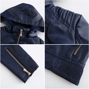 Detailed views of hooded faux leather jacket with metal zippers and quilted shoulder design