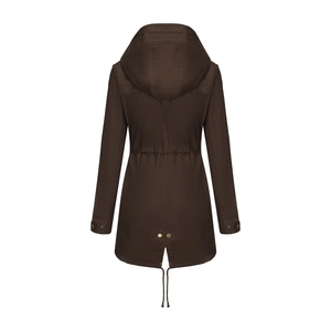 Vista trasera de parka de algodón marrón oscuro para mujer con dobladillo de cola de pez