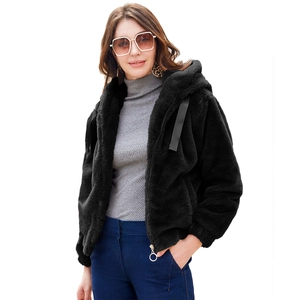 Women's warm black hooded faux fur jacket with full zip and metal ring puller