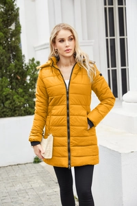 Water-resistant mustard yellow quilted parka with detachable hood and windproof cuffs