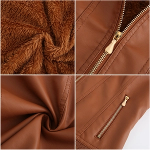 Detailed views of brown leather jacket showing fleece lining and gold zipper hardware