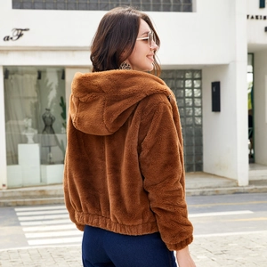 Women's brown faux fur hooded jacket with warm plush texture and loose fit silhouette