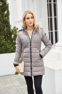Detail view of water-resistant gray padded parka with knit windproof cuffs and hood