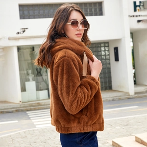 Chic brown hooded faux fur jacket with drawstrings and elastic hem for women