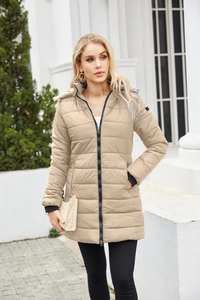 Water-resistant beige long parka for women featuring quilted design and hooded collar
