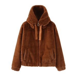 Women's faux fur hooded jacket in warm brown with zipper closure and elastic cuffs
