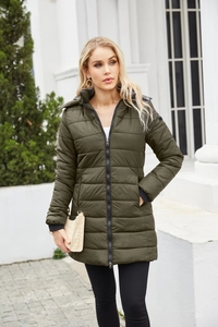 Close-up of olive green quilted winter parka featuring black zipper and ribbed cuffs