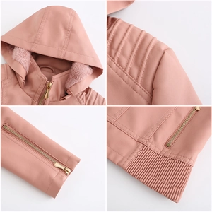 Pink hooded faux leather jacket detail showing fleece lining, stitching and zip cuffs