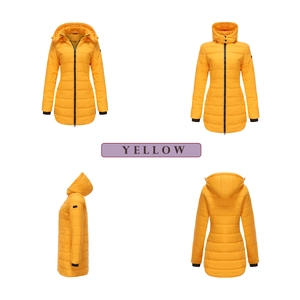 Detailed views of yellow water-repellent hooded parka showing zipper and quilting details