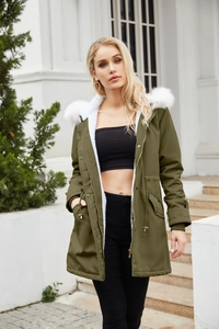 Detail of olive green parka featuring white faux fur collar and warm fleece lining