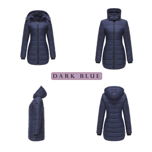 Front, side, and back views of women's dark blue quilted jacket with detachable hood