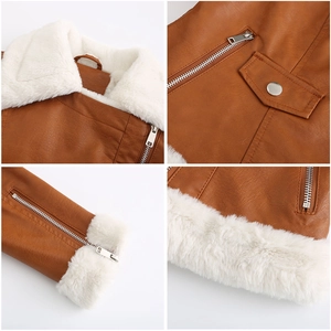 Détails de la veste en similicuir marron avec col en peau de mouton et fermetures éclair