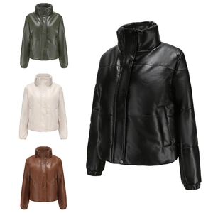 Women's faux leather puffer jacket with stand collar in black, olive, cream, and caramel