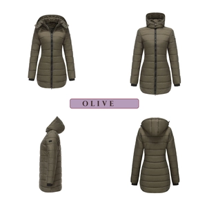 Collage of an olive green quilted parka featuring a detachable hood and zip-up design