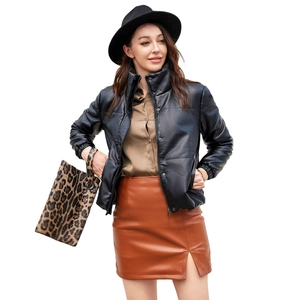Women's black faux leather puffer jacket with stand collar and button closure