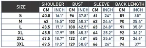 Detailed size chart for long leather trench coat with measurements in cm and inches