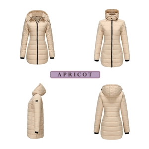 Front, side, and back views of a water-resistant apricot quilted hooded coat for women