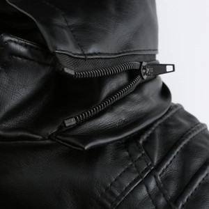Close-up of black leather jacket neckline featuring fine stitching and zipper details