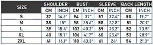 Detailed size chart for houndstooth jacket showing measurements from S to 2XL sizes