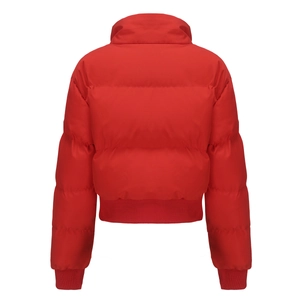 Back view of a red cropped puffer jacket featuring high collar and quilted texture