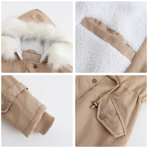 Detail view of khaki parka showing faux fur collar, fleece lining and metal buttons