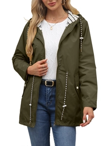 Detail of army green rain jacket with striped hood lining and adjustable drawstrings