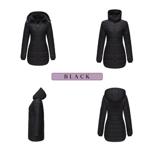 Front, side, and back views of a black water-resistant hooded puffer coat for women