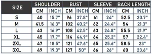 Detailed size chart for women leather jacket in CM and INCH from S to 3XL sizes