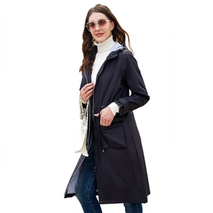 Women's long navy hooded trench coat with stripe lining and waist drawstring feature
