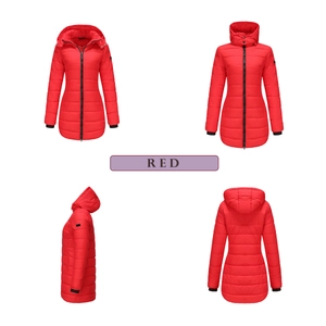 Detail view of red water-repellent hooded parka showing front, side and back perspectives