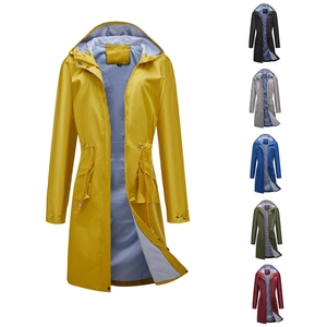 Women's waterproof hooded trench coat with striped lining and adjustable drawstring waist
