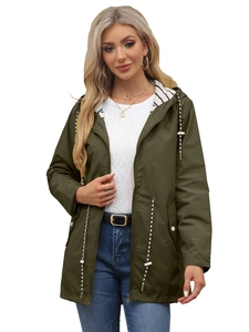 Olive green hooded raincoat for women with striped lining and adjustable drawstring waist