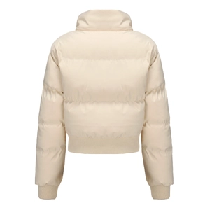 Back view of beige short puffer jacket with high collar and ribbed cuffs for warmth