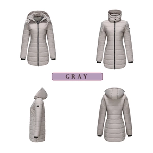 Detail view of water-resistant gray padded parka with hood and quilted texture