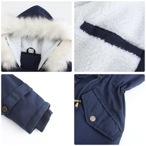 Detail of navy parka showing white fleece lining, faux fur collar and adjustable drawcord