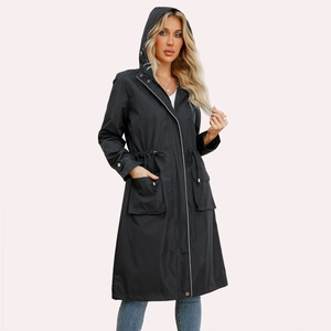 Women's long waterproof hooded trench coat in black with waist drawstring and metal snaps