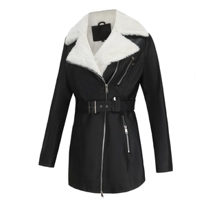 Detail of faux fur collar and zipper pockets on black leather jacket for women